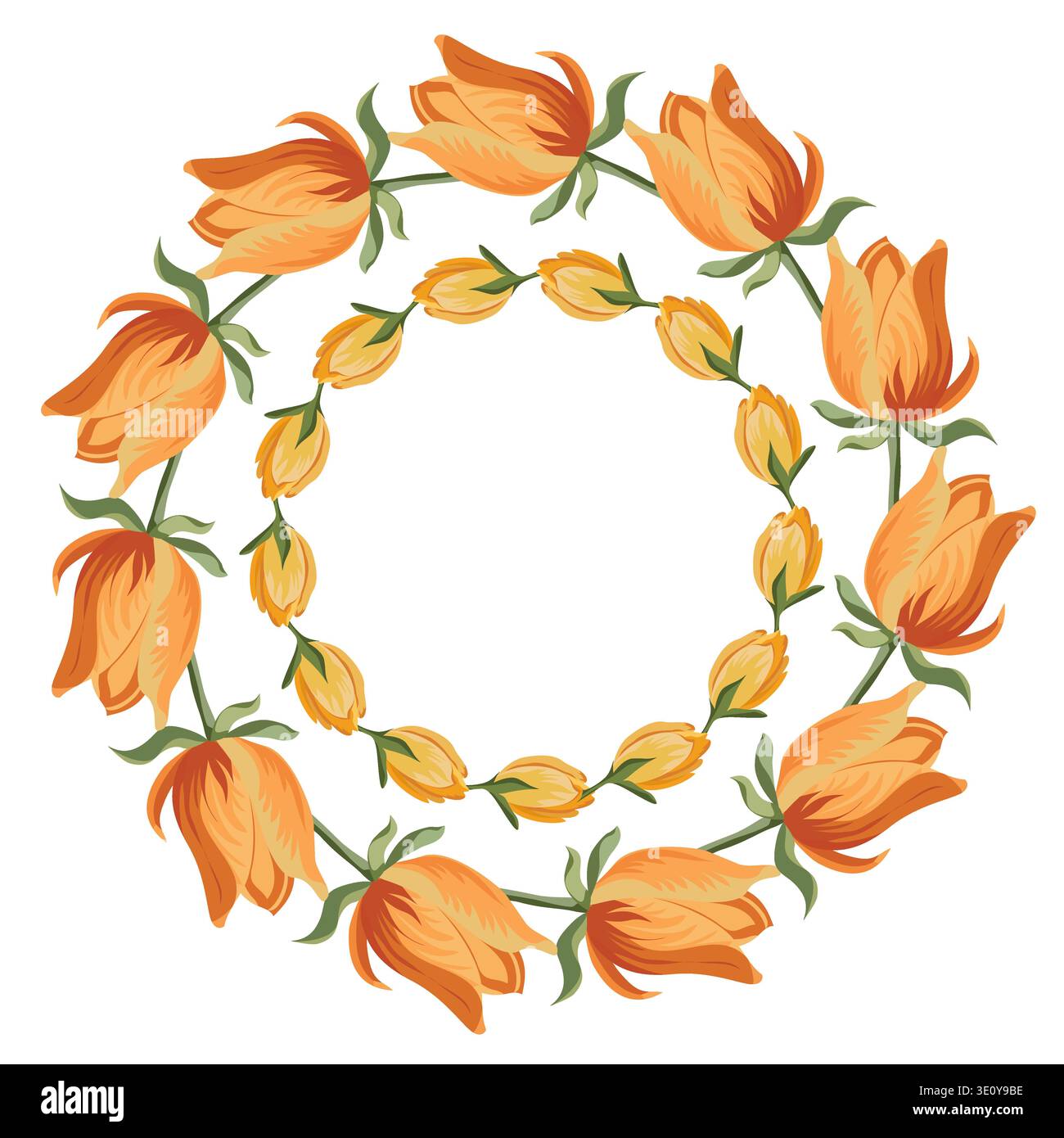 Vektor-Doppelkranz von gelben und orangen Tulpen auf weißem Hintergrund. Frühlingsrahmen mit Blumenmuster für Hochzeit, Weihnachtskarte, Einladung und festliches Design. Stock Vektor