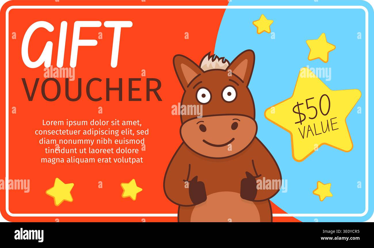 Geschenkgutschein mit Cartoon-Pferd. Vorlage für Vektorkarten Stock Vektor