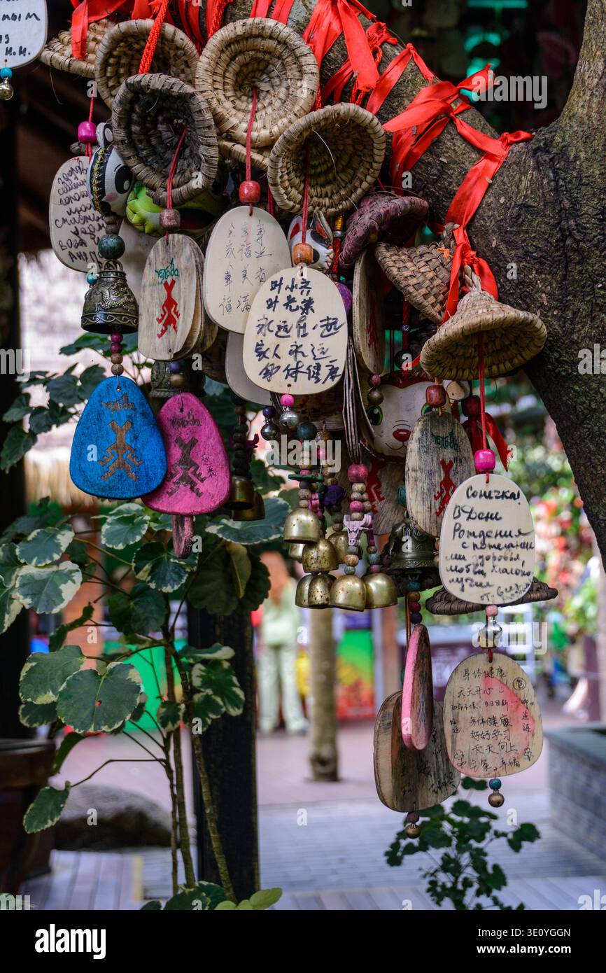 Yanoda, Hainan, China - 11. Januar 2020: Die dekorierten Tafeln mit schriftlichen Wünschen, die nach der Tradition in den tropischen Foren wahr werden Stockfoto