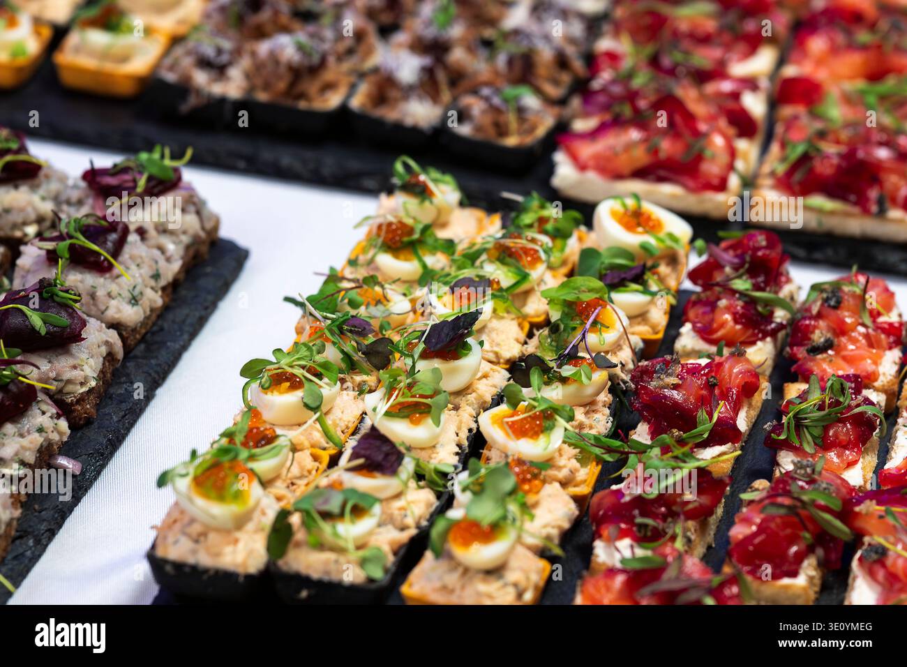 Verschiedene Gourmet-Canapés mit Fischmousse, Wachteleiern und Lachsrogen auf einer Catering-Platte. Elegante Auswahl an feinen Fingerfood-Gerichten. Stockfoto