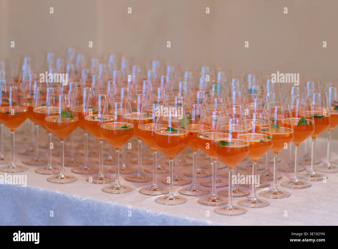 Reihen von Begrüßungscocktails mit Sanddornsaft und frischer Minze, serviert in Weingläsern bei einer Veranstaltung mit Catering. Erfrischende Sanddorn-Begrüßungsgetränke. Stockfoto