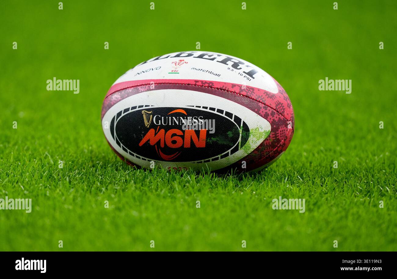 A Guinness Men's Six Nations match ball on the pitch ahead of the Guinness Men's Six Nations match at the Principality Stadium, Cardiff. Picture date: Saturday March 14, 2026. Stockfoto