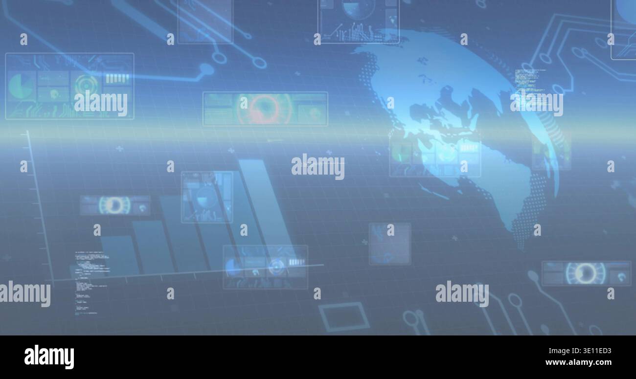 Anzeige des durchscheinenden digitalen Globus rechts über dem Raster mit Balkendiagramm- und HUD-Bedienfeldern, Kopierraum Stockfoto