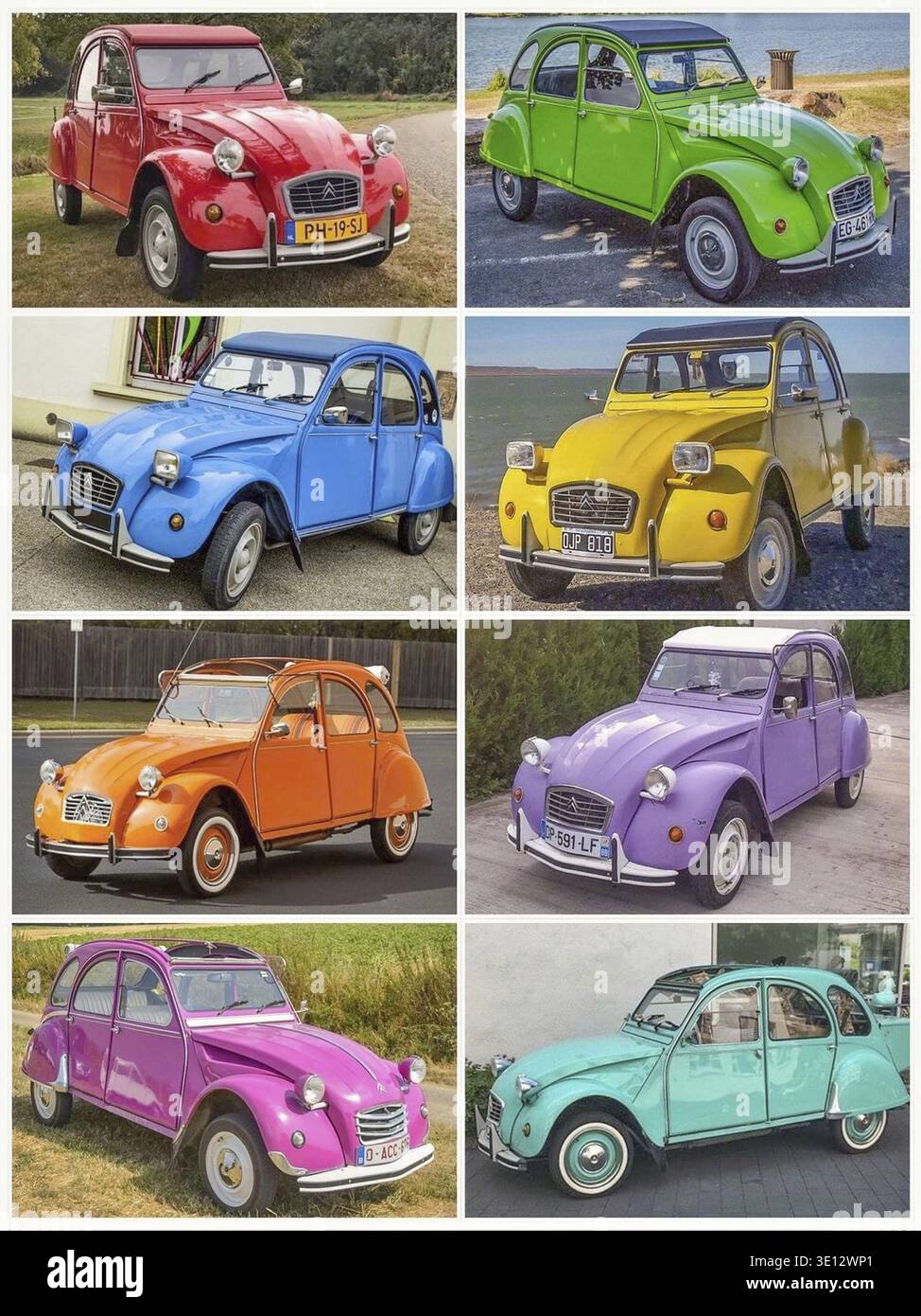 Collage mit acht Citroen 2CV Fahrzeugen in leuchtenden Farben, geparkt in verschiedenen Stellungen Stockfoto