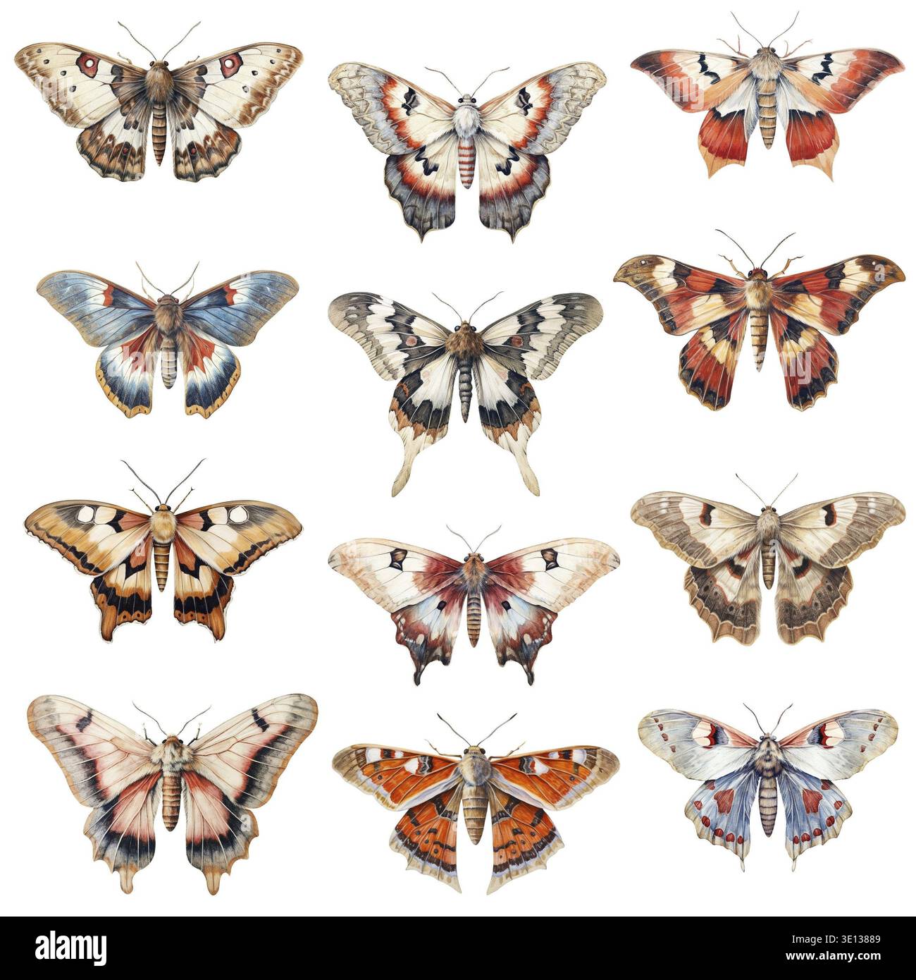 Motten-Aquarellset. Schmetterlinge auf weißem Hintergrund. Luna Moth Stockfoto