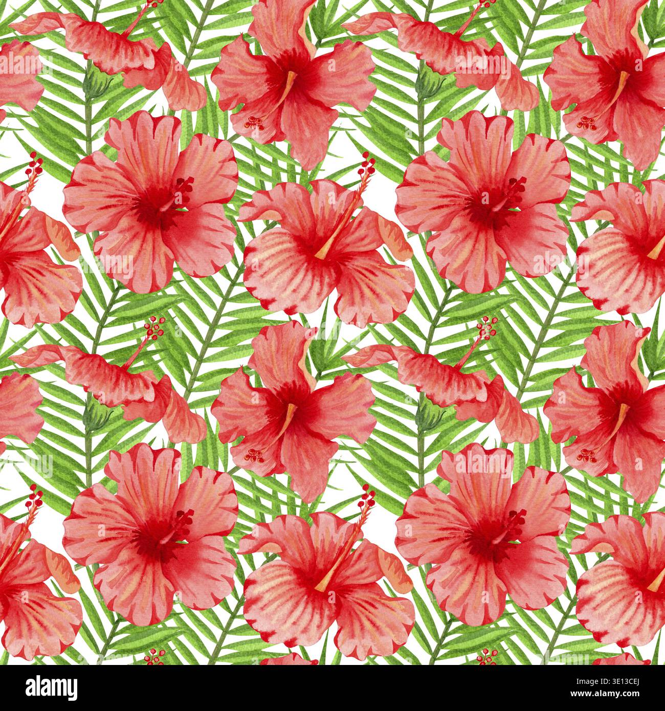 Nahtloses tropisches Blumenmuster in Aquarellfarben. Roter Hibiskus und Palmblätter auf weißem Hintergrund. Von Hand gezeichnetes nahtloses Aquarellmuster mit farbenfrohem tr Stockfoto
