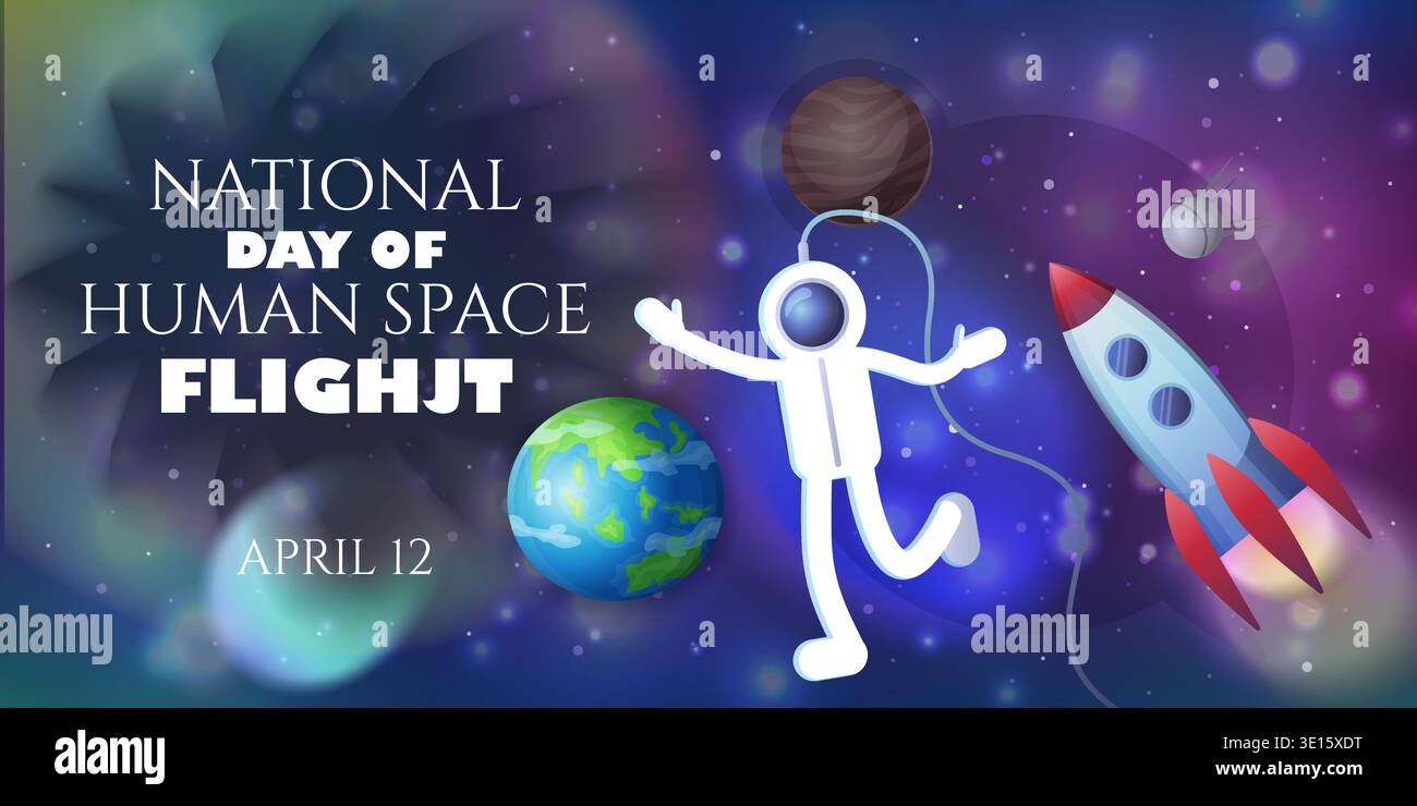 Nationalfeiertag des menschlichen Raumflugs 12. April. Astronaut im Weltraum mit Rakete, Saturn, Erde, Satelliten und Sternen, Meteorit und Schwarzes Loch. Stock Vektor