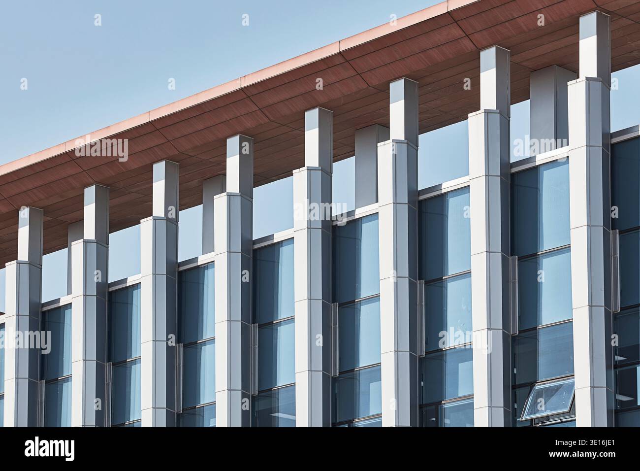 Weiße Fassadendetails mit vertikalen Elementen und warmen Holzverkleidungen. Stockfoto
