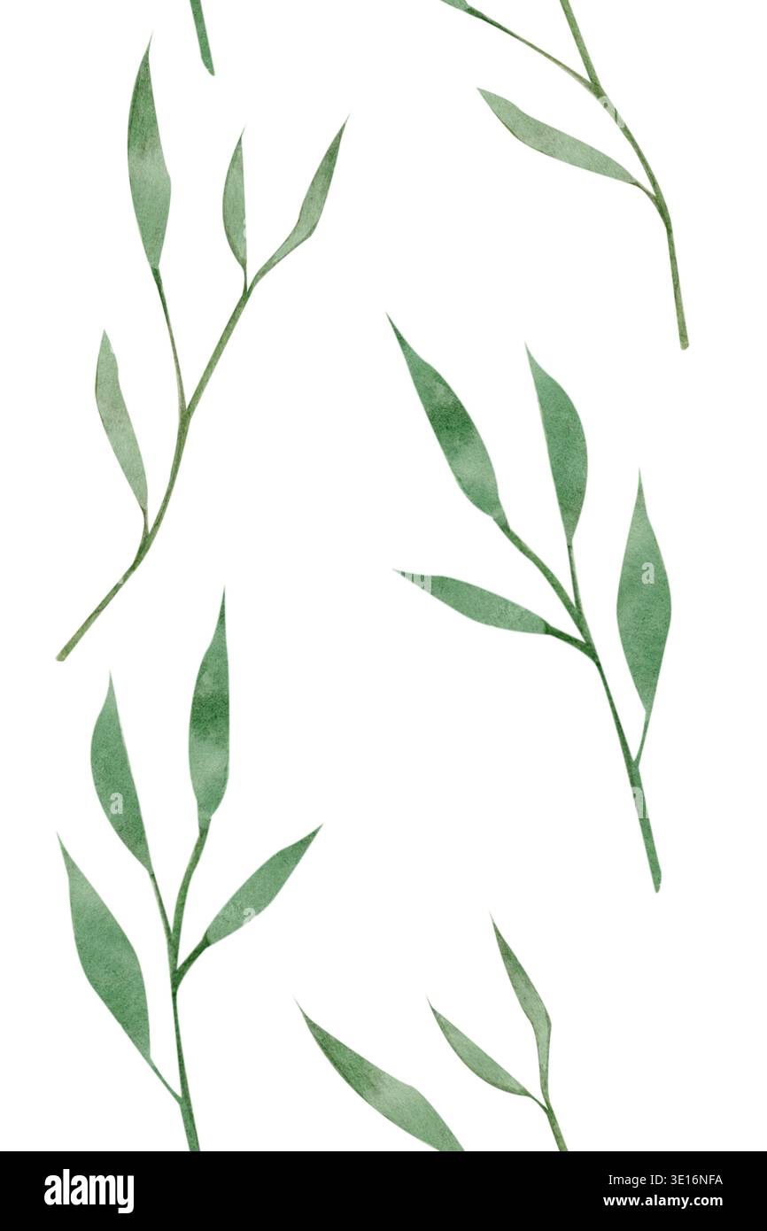 Nahtloses Bambusblatt-Muster mit grünen Zweigen, asiatischem botanischem Ornament. Aquarellillustration isoliert auf weiß, wiederholte Textur für Spa Stockfoto