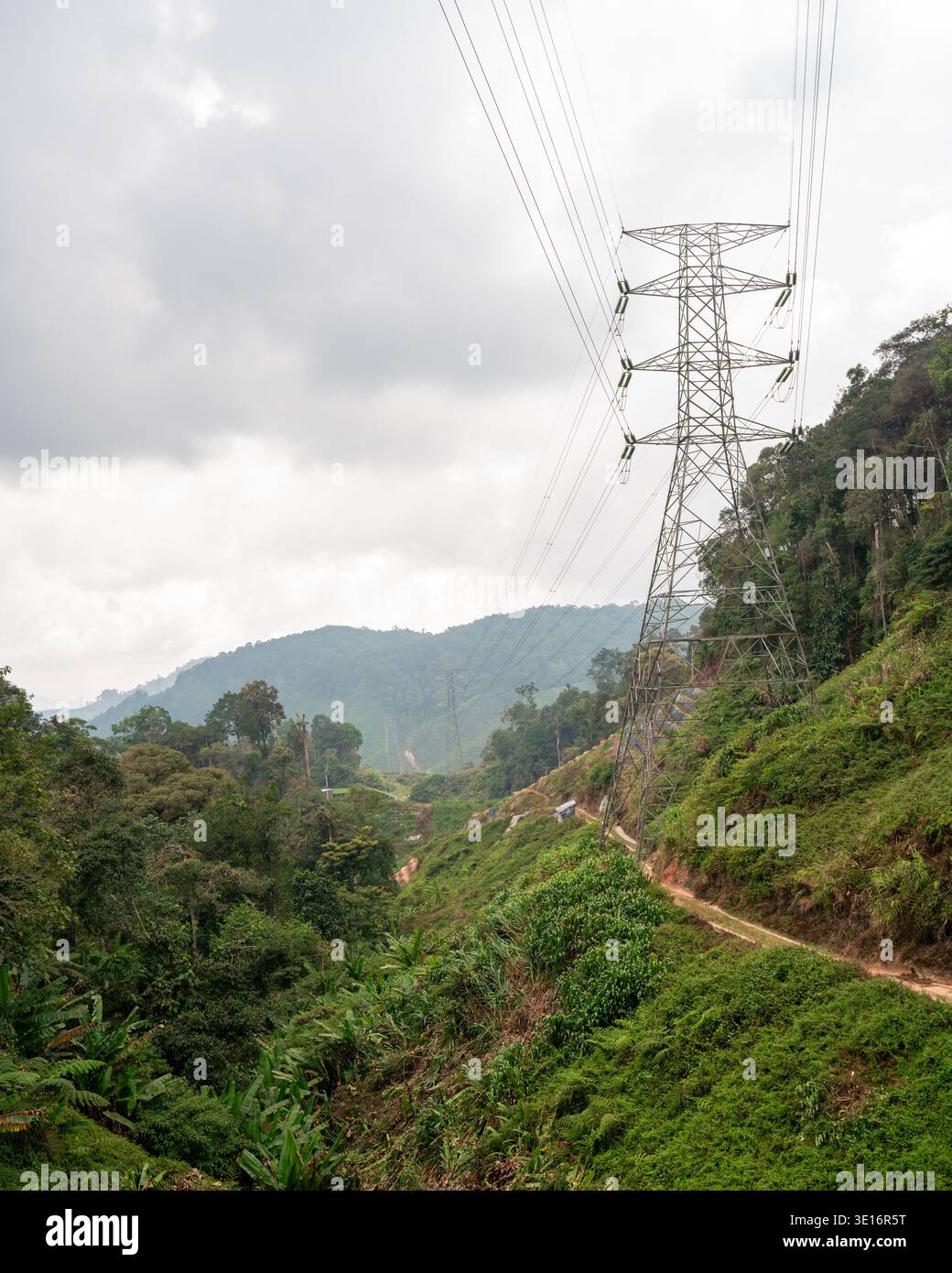Tanah Rata, Cameron Highlands, Malaysia – 27. Januar 2020: Übertragungsturm und Stromleitungen über einem Feldweg, der durch grüne Hügel führt. Stockfoto