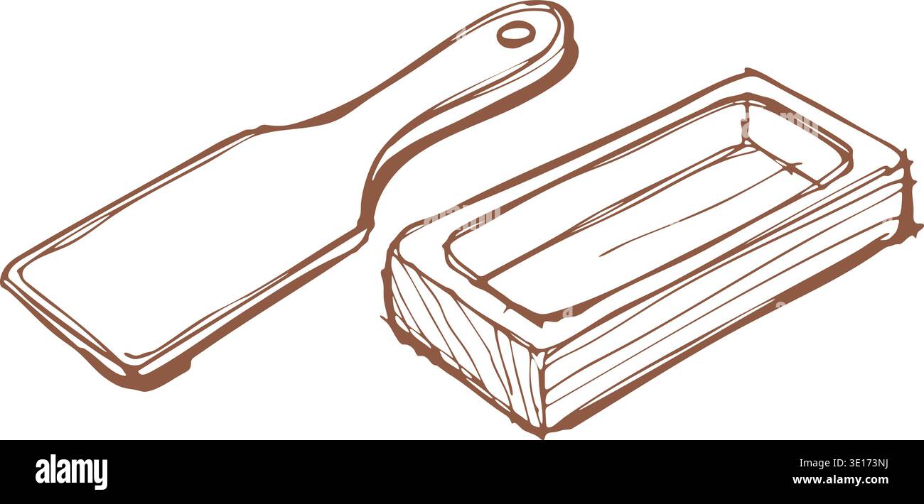 Abbildung eines Messers und Schneidebretts mit einem rechteckigen Tablett in einfacher Linienform Stock Vektor