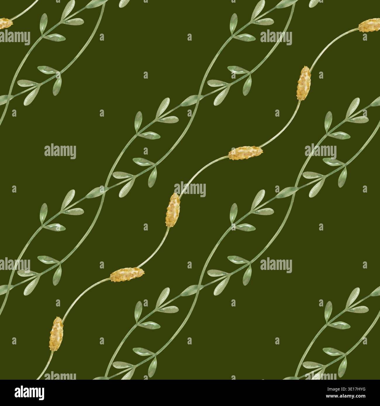 Diagonales nahtloses Muster mit miteinander verflochtenen dünnen grünen Zweigen und Grasspitzen auf dunkelgrünem Hintergrund. Botanisches Ornament mit Blättern Stockfoto