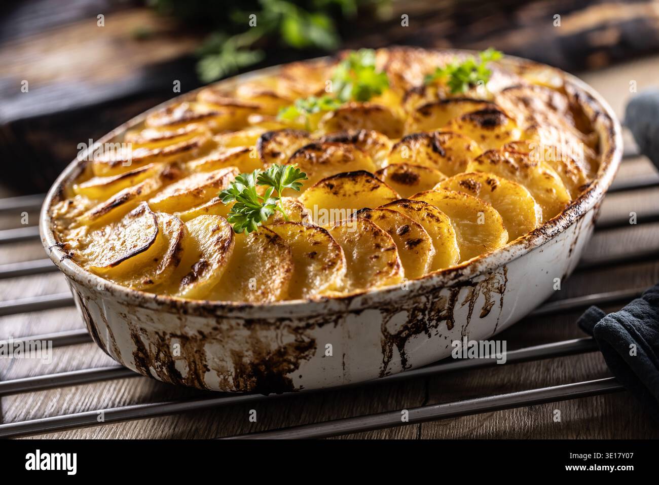 Goldbraune Gratin-Kartoffeln, ordentlich in einer weißen Keramikschale angeordnet und mit frischen Kräutern garniert. In der Slowakei ist dieses Gericht jedoch primari bekannt Stockfoto