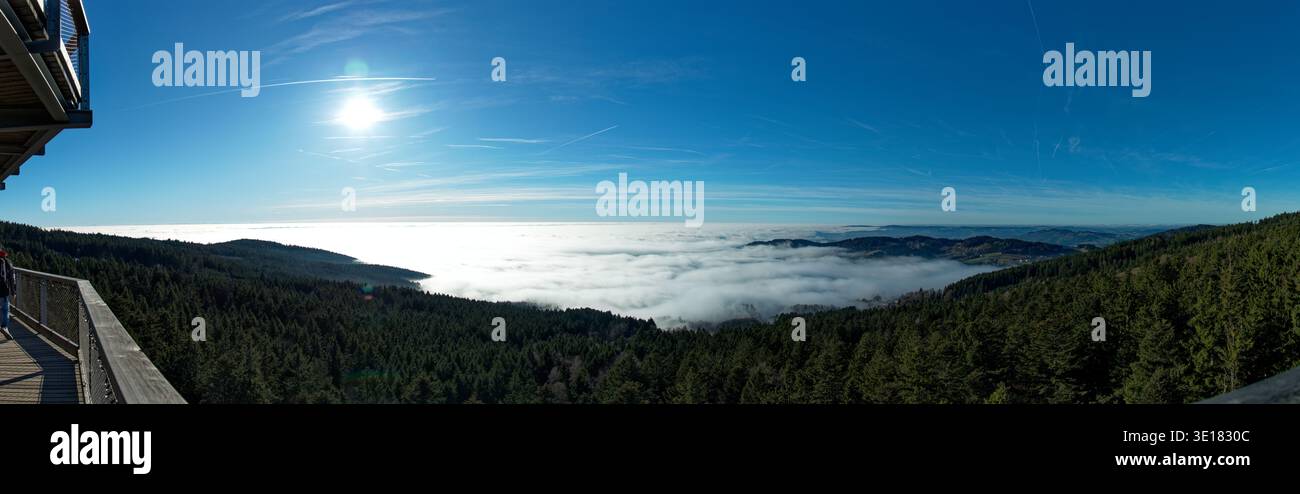 Ein atemberaubendes Panorama vom Waldbaldachweg in Sankt Engelmar, Bayern, zeigt eine herrliche Winterlandschaft voller Schnee Stockfoto