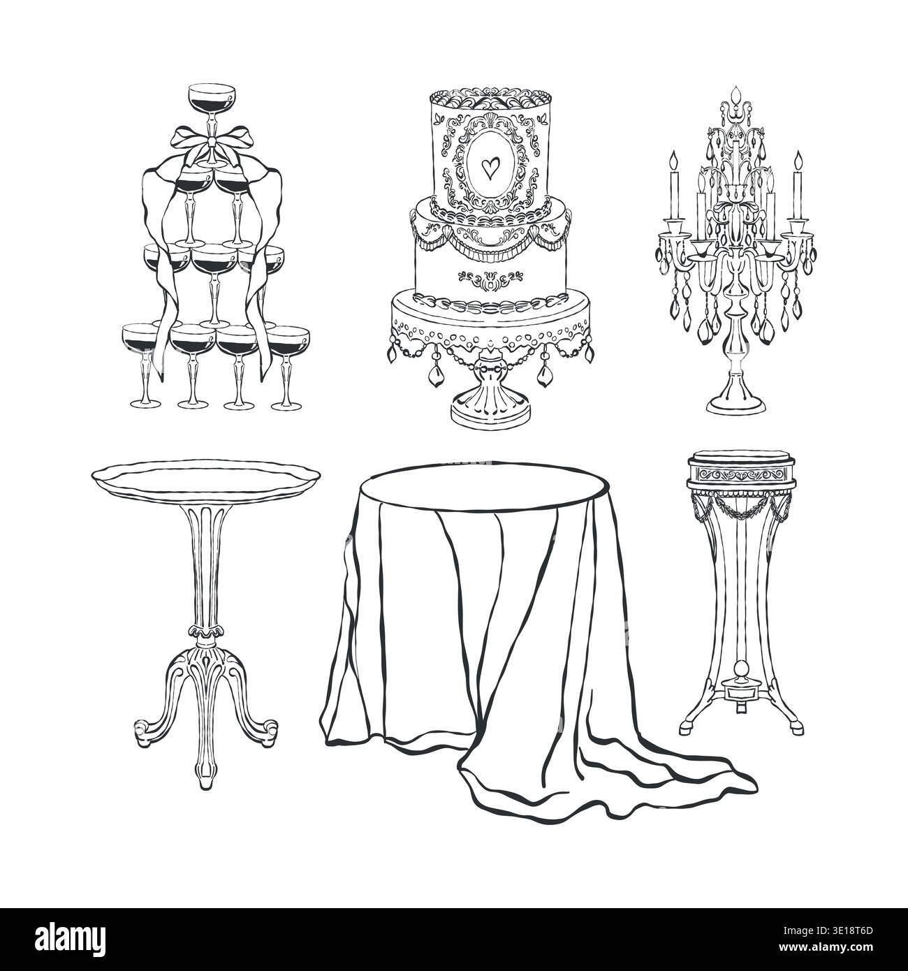 Ein Set Clipart für ein romantisches Vintage-Abendessen. Verschiedene Arten klassischer Tische, eine Tischdecke, ein Kandelaber mit Kerzen, ein Turm aus Gläsern, ein mehrstufiger Kuchen. Handgezeichneter Doodle-Stil. Vektorumrissdarstellung in Schwarz. Stock Vektor