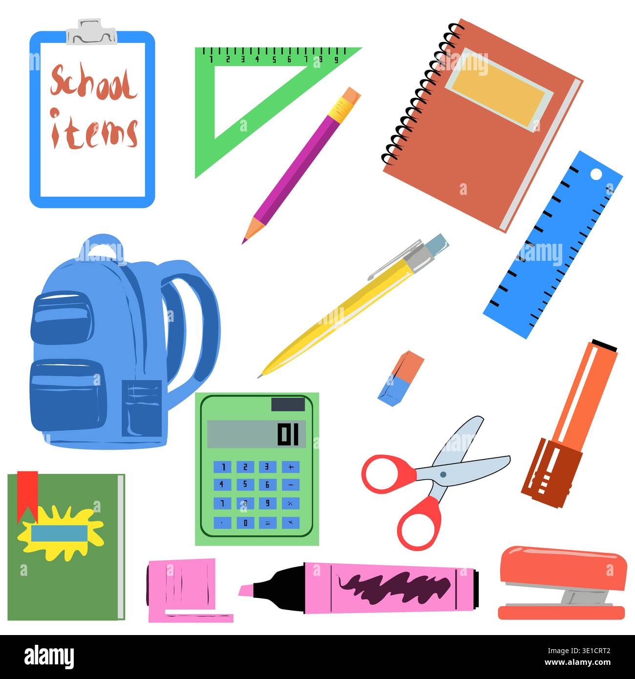 Vektor-Set von Schreibwaren Schulbedarf und Rucksack. Alle Gegenstände, die Sie für das Büro oder die Schule Lineale benötigen, Tetrashi, Bleistifte und Marker. Illustrat Stock Vektor