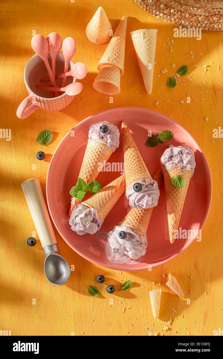 Leckeres und hausgemachtes Heidelbeereis mit Obst und Sahne. Eis aus Sahne und Heidelbeeren. Stockfoto