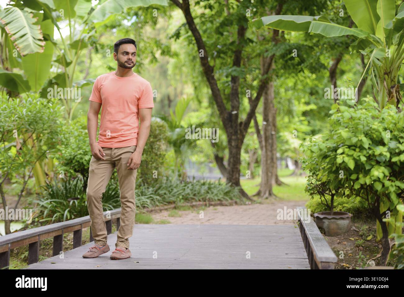 Porträt eines jungen, gutaussehenden bärtigen Indianers im Park Im Freien Stockfoto