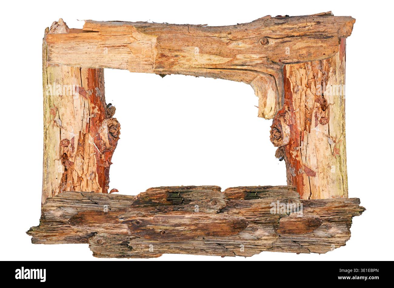 Rustikaler Holzrahmen aus alten verwitterten Baumzweigen isoliert auf weißem Hintergrund. Rand mit gerissener Rinde, raue Textur. Natürlicher Rahmen geeignet Stockfoto