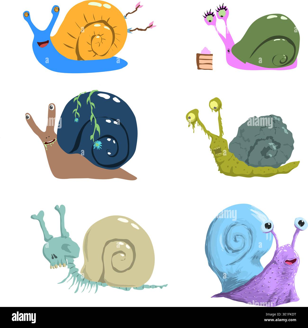 Vektor-Illustration sechs Symbole von verschiedenen Schnecken und Zombieseletten in verschiedenen Farben. Züchten Sie auf transparentem NFT-Hintergrund. Stock Vektor