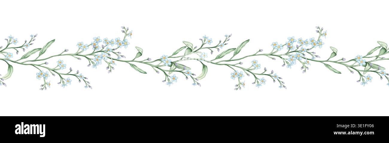 Nahtloser horizontaler Rand oder Banner mit hellblauen Vergissmeinnots. Handgezeichnete Aquarellillustration auf isoliertem Hintergrund. Blumenmuster im Sommer Stockfoto
