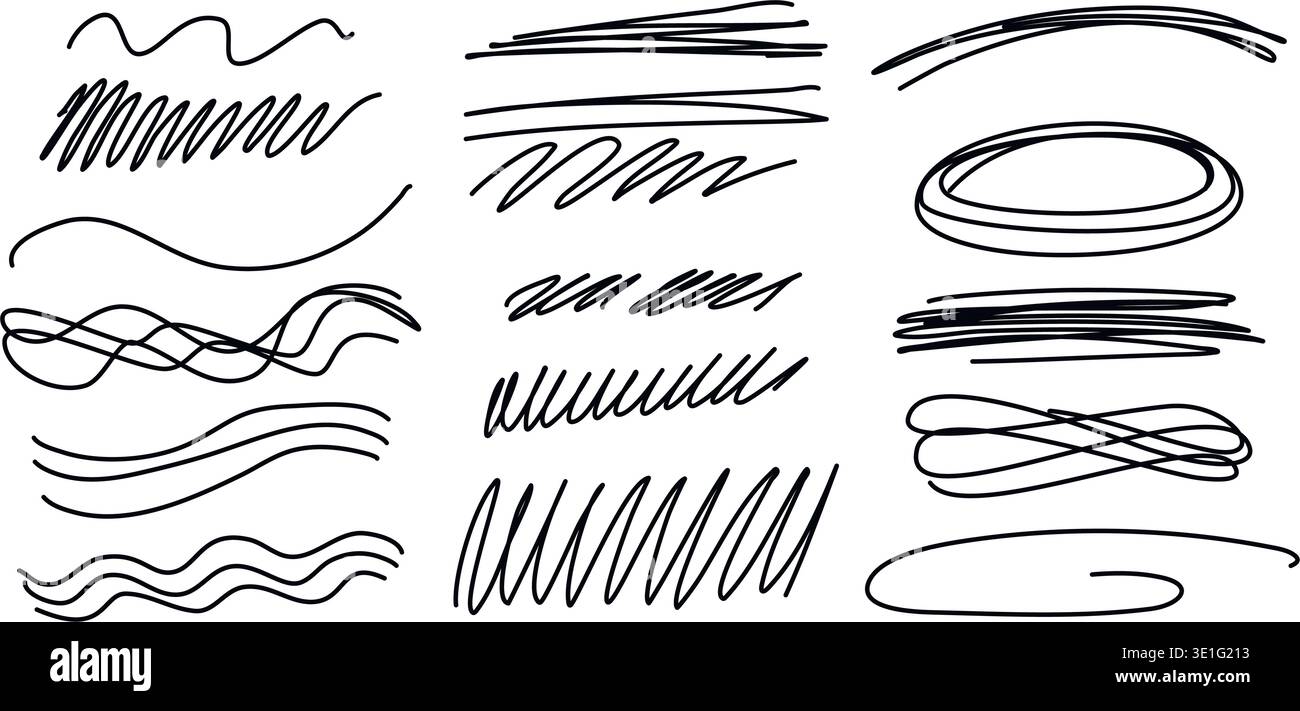 Set aus einfachen Schraffuren, Linien und Unterstrichen im Sketch-Stil. Handgezeichnete Tintenelemente für Journale, Notizen und Seitendesign. Vektorgrafiken Stock Vektor