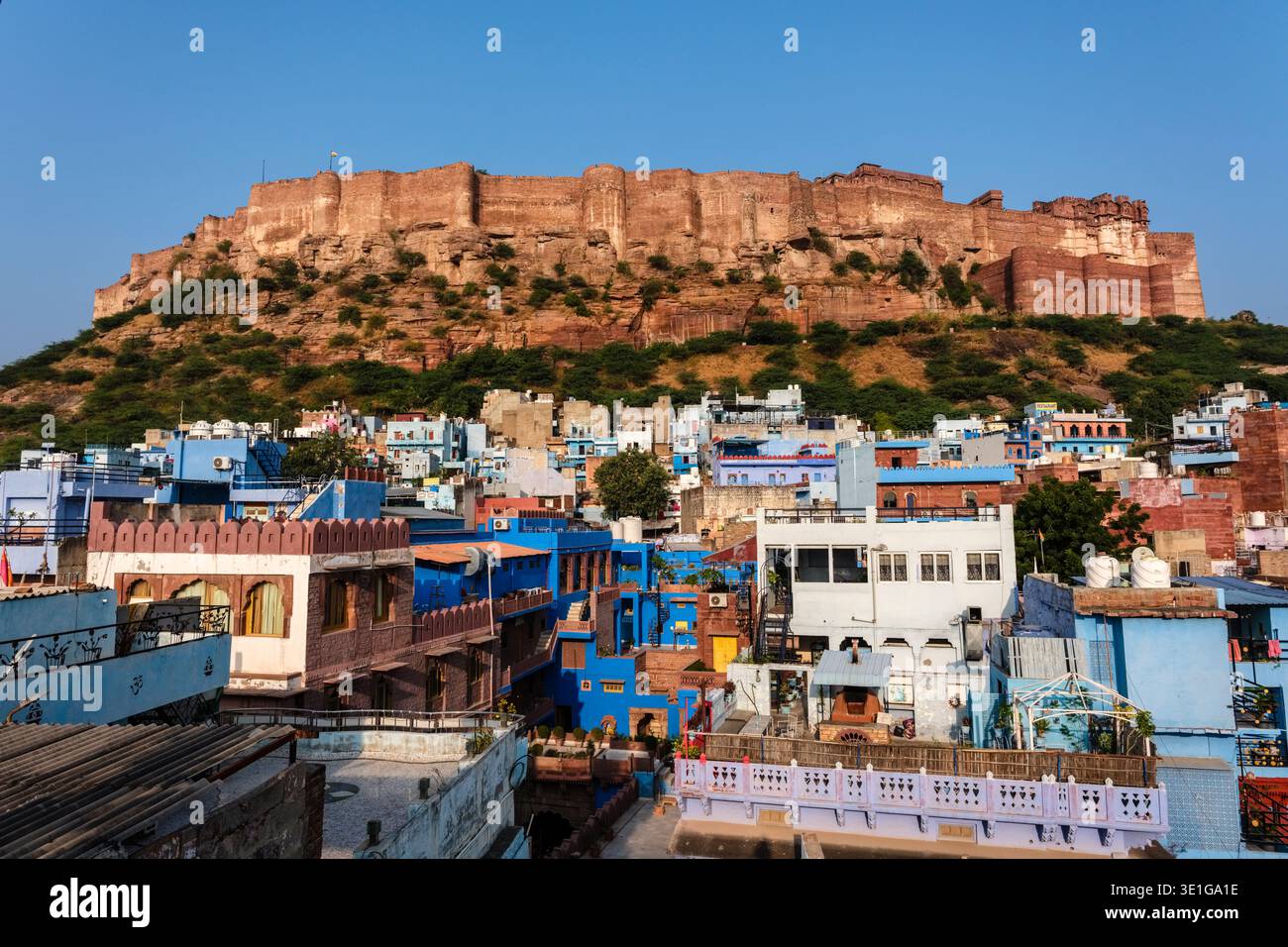 Hell bemalte blau-weiße Häuser von Jodhpur stehen am Fuße der steilen Klippe, die den weitläufigen Mehrangarh Fort Komplex stützt. Stockfoto