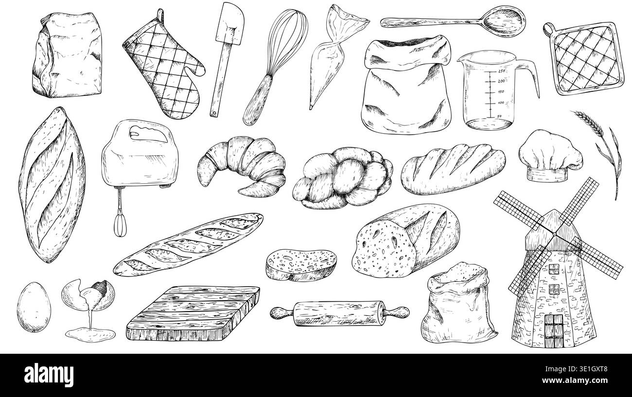 Vector großes Bäckerei-Set. Grafiktinte, Brotfutter, Drehstift, Schneidebrett, Messbecher, Ähre aus Weizen, Getreide, Brotscheibe, Ciabatta, Baguette. Brötchen Stock Vektor