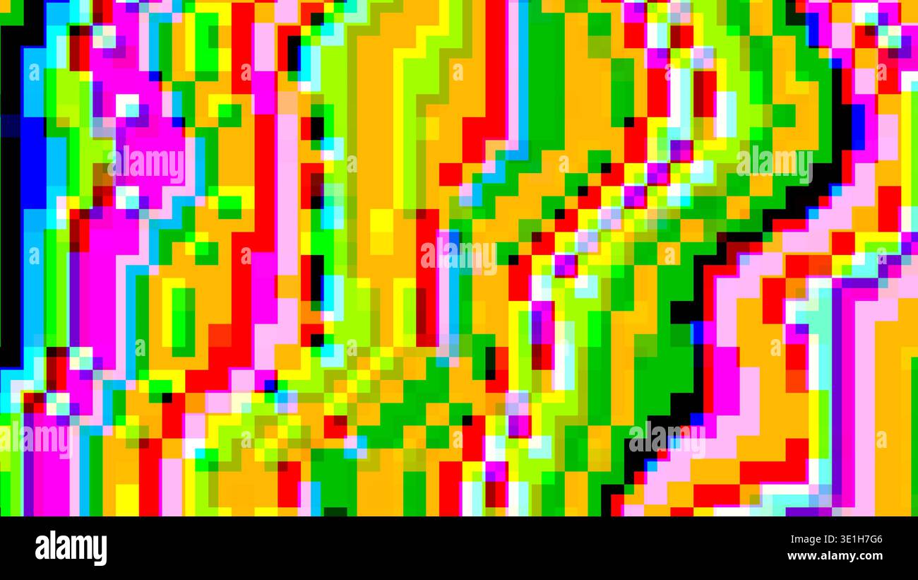 Pixel-Glitch-Hintergrund mit Neonfarben und 8-Bit-Verzerrung Stockfoto