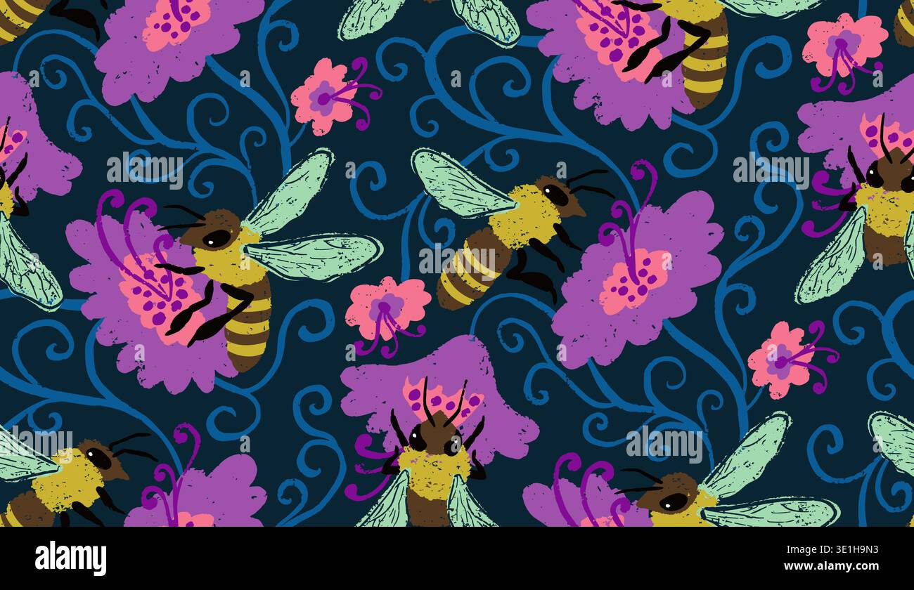 Handgezeichnetes nahtloses Muster mit kreidigen Bienen und leuchtenden Blüten. Botanisches Design mit detaillierten Honigbienen und Blumenelementen Stock Vektor