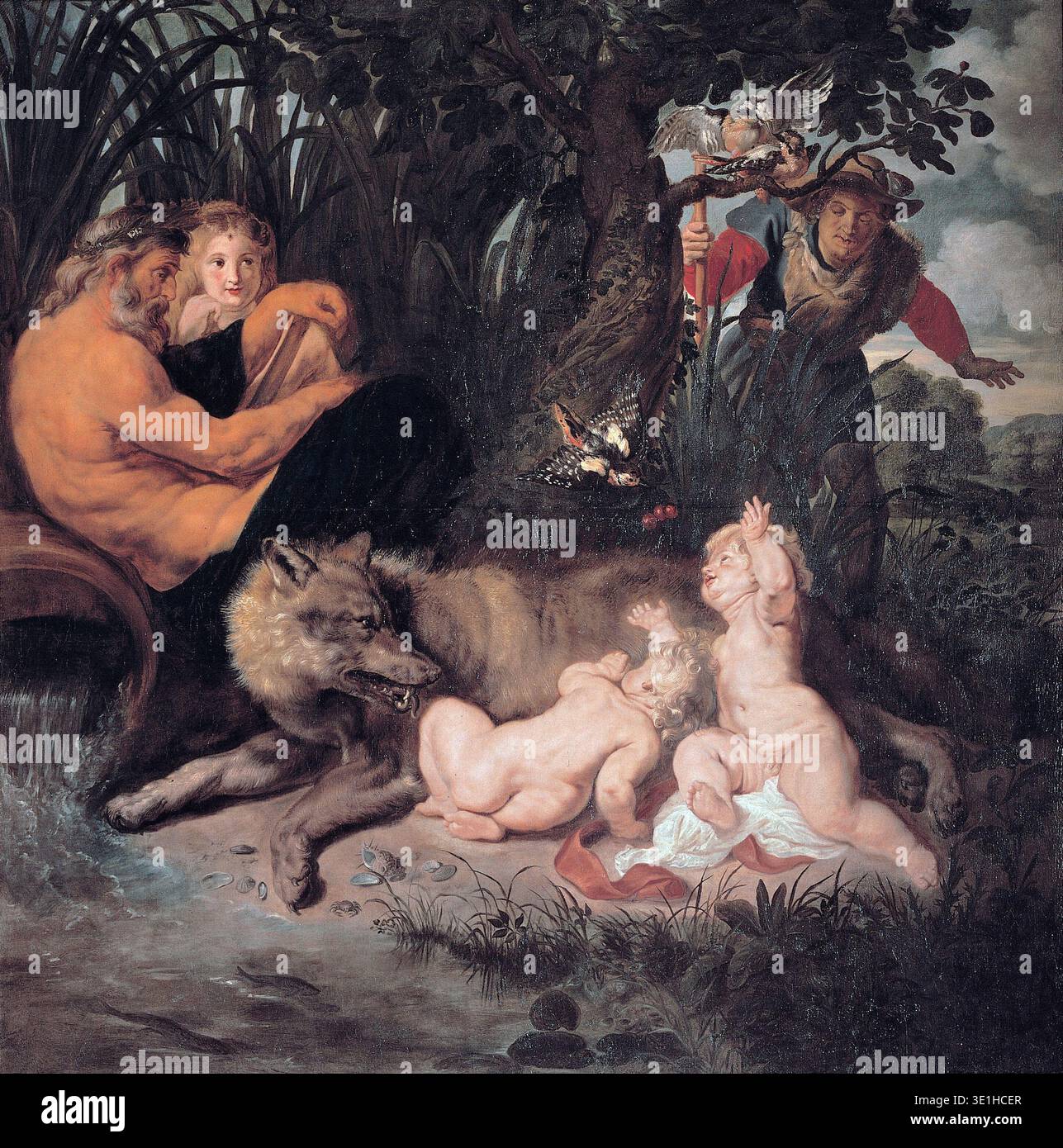 Dieses Gemälde von Peter Paul Rubens aus dem Jahr 1616 mit dem Titel „Romulus und Remus“ zeigt die mythischen Gründer Roms als Säuglinge, die von einer Wolfsfrau gesäugt werden. Die Szene umfasst auch den Flussgott Tiber, eine Nymphe und einen Hirten, der die Kinder entdeckt, umgeben von reichen, naturalistischen Details. Stockfoto