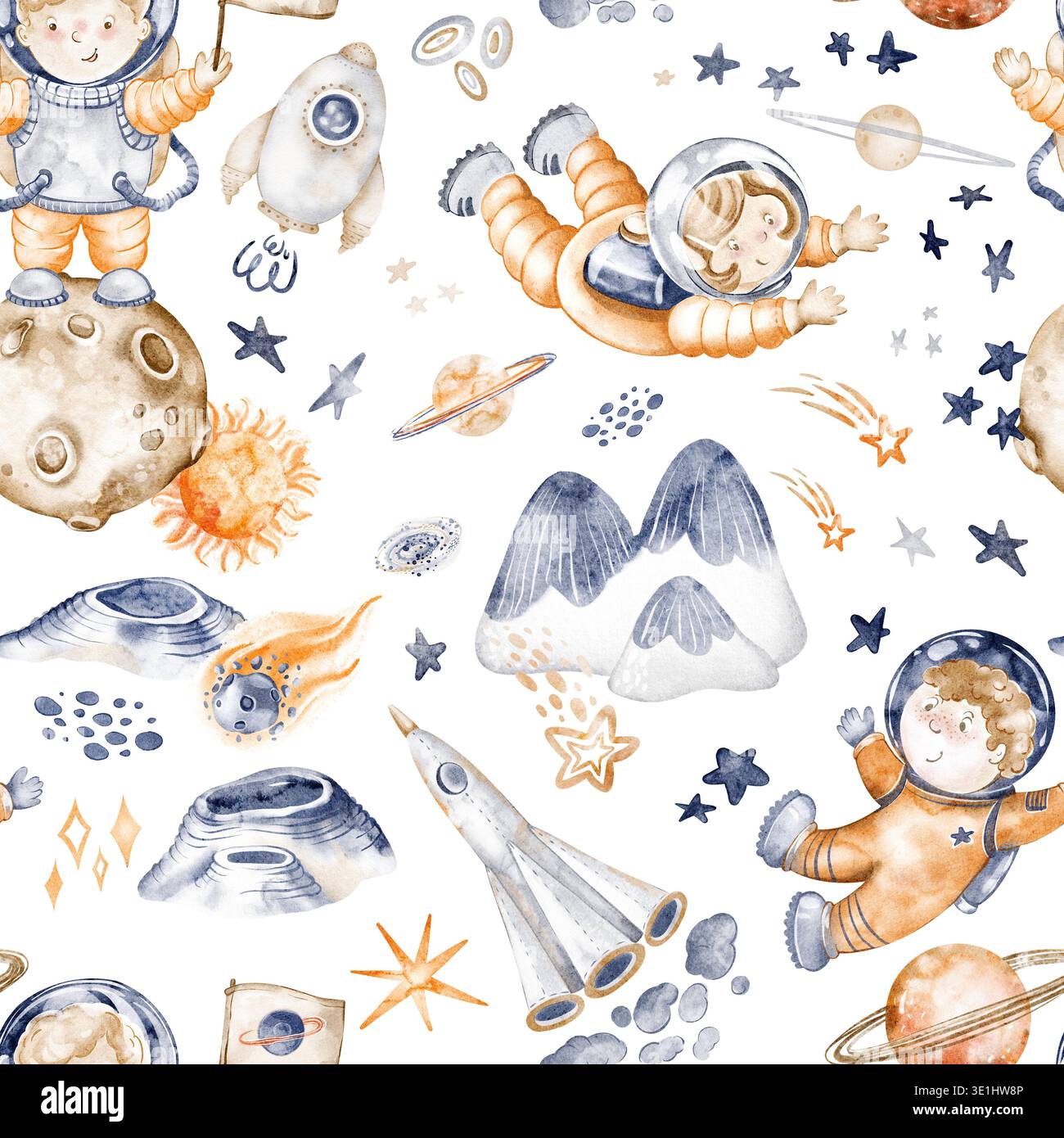 Astronaut Seamless Pattern Aquarell Handgemalt Stockfoto