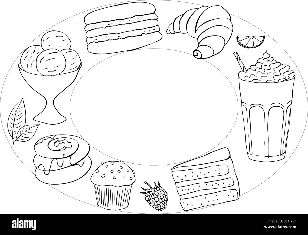 Cafe Frame Vorlage Oval Hand gezeichnet Schwarz weiß Illustration. Grafischer Vektortinte. Perfekt für Café-Logos, Branding, Verpackungen, Etiketten und Mod Stock Vektor