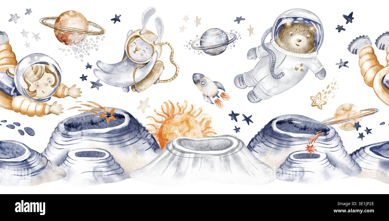 Space Animals Border Aquarell Handbemalt Stockfoto
