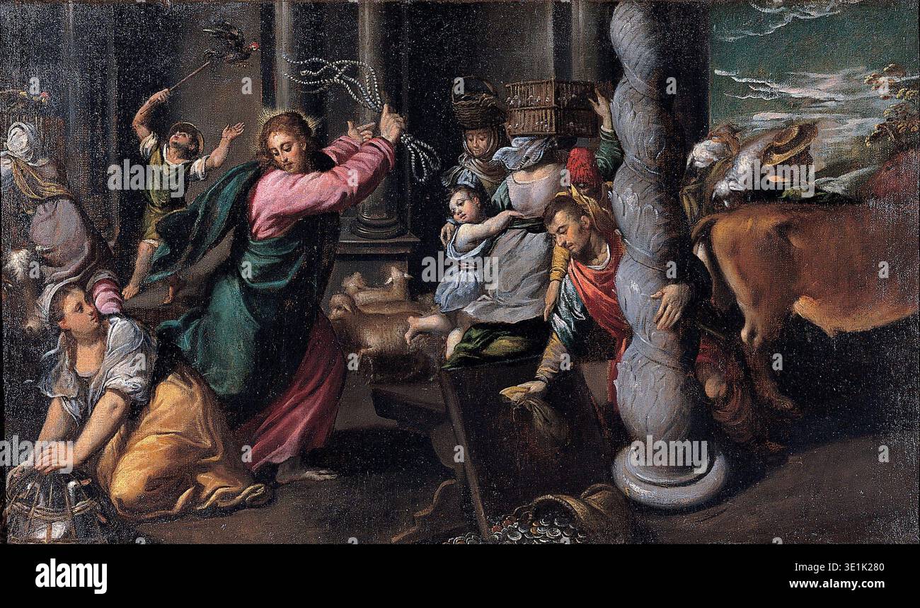 Der Künstler Scarsellino zeigt das „Fahren der Kaufleute aus dem Tempel“, auch bekannt als die Reinigung des Tempels, aus dem späten 16. Jahrhundert, um die 1590er Jahre Jesus, in der Mitte, vertreibt mit Gewalt Händler und Geldwechsler mit einer Peitsche, umgeben von umgedrehten Tischen, fliehenden Figuren und Vieh, was eine dramatische biblische Szene veranschaulicht. Stockfoto