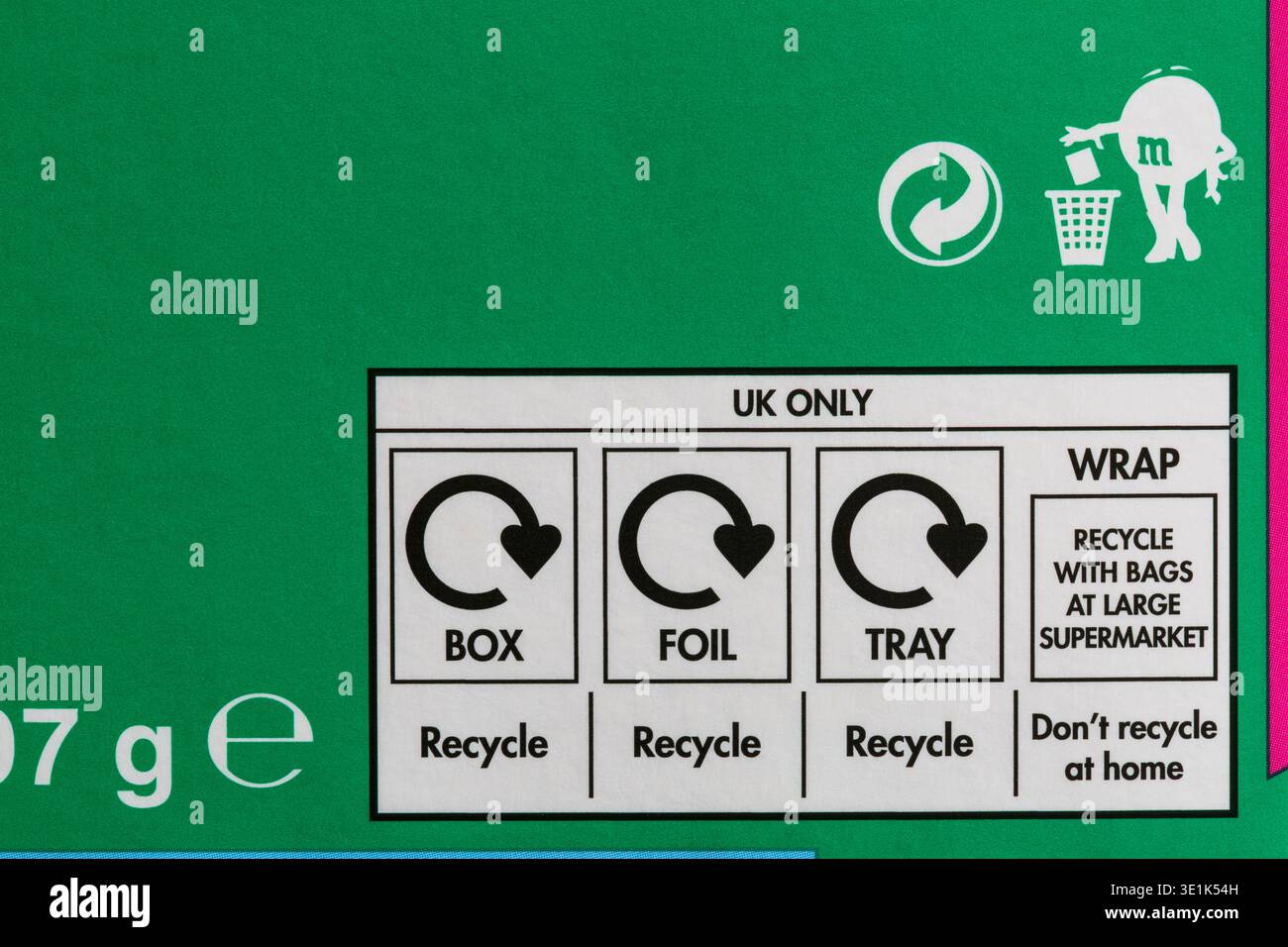 Recycling-Informationen auf Lebensmittelverpackungen - Entsorgungsanweisungen Recycling-Logo-Symbol Recycling-Box Folienschale auf Ostereibox Verpackung Stockfoto