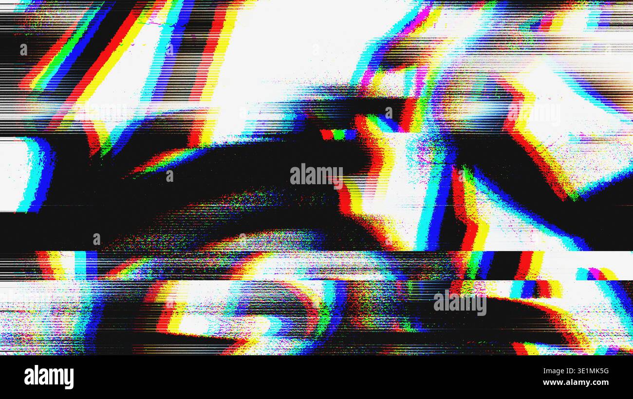 Glitch RGB Split mit Scanline-Verzerrung und Pixelartefakten Stockfoto