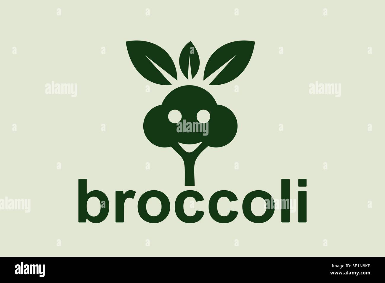 Lächelndes Brokkoli-Maskottchen-Logo im flachen grünen Stil für Branding für gesunde Lebensmittel, Kennzeichnung von Bio-Produkten, vegetarische Restaurants, Lebensmittelverpackung, Bauernhof Stockfoto