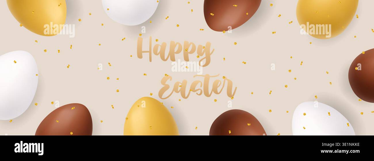 Osterbanner mit goldenen, braunen und weißen Eiern und Konfetti. Minimaler 3D-Feiertags-Hintergrund Stock Vektor
