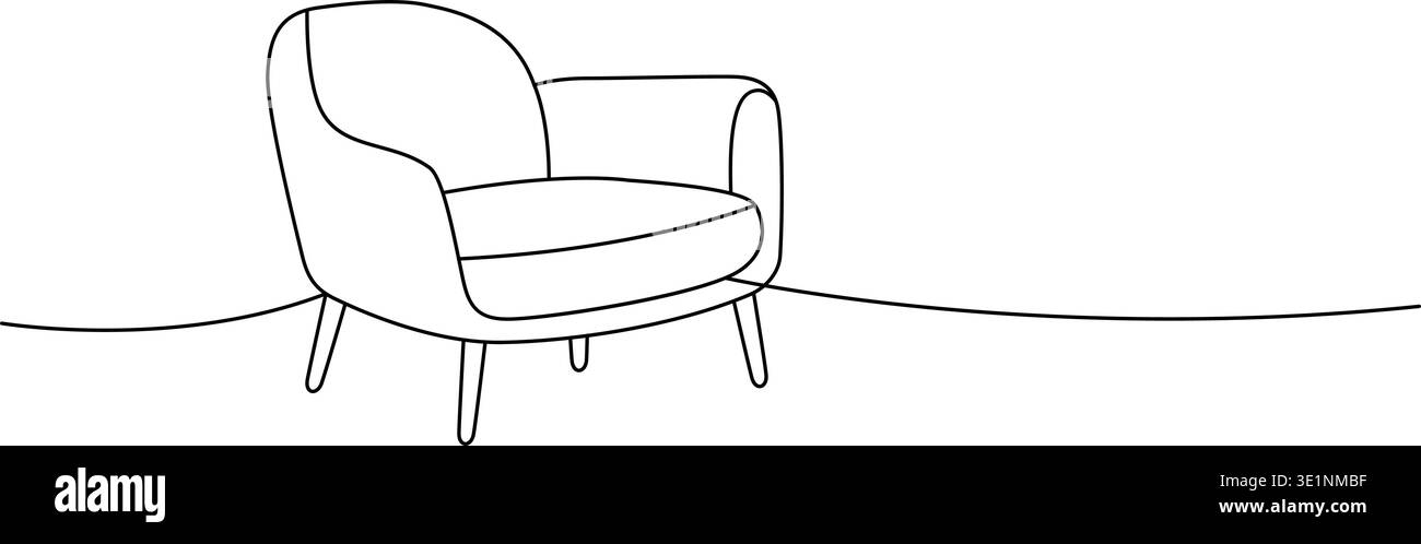 Abgerundeter Loungesessel als Umriss. Minimalistische Möbelskizze für moderne Wohn- und Inneneinrichtungs-Sets. Stock Vektor
