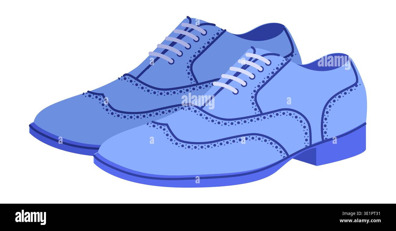 Lochstickerei für Herren, blau, flache Spitze. Schuhe aus perforiertem Leder mit klassischem Flügelspitzendetail, eleganter, legerer Bürostil. Technische Illustration CAD-Modell Skizzenvektorkontur isoliert auf weißem Hintergrund Stock Vektor