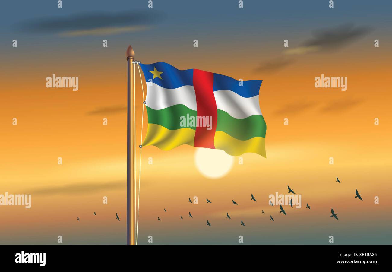 Die Flagge der Zentralafrikanischen Republik fliegt am Himmel mit Sonnenuntergang Stock Vektor