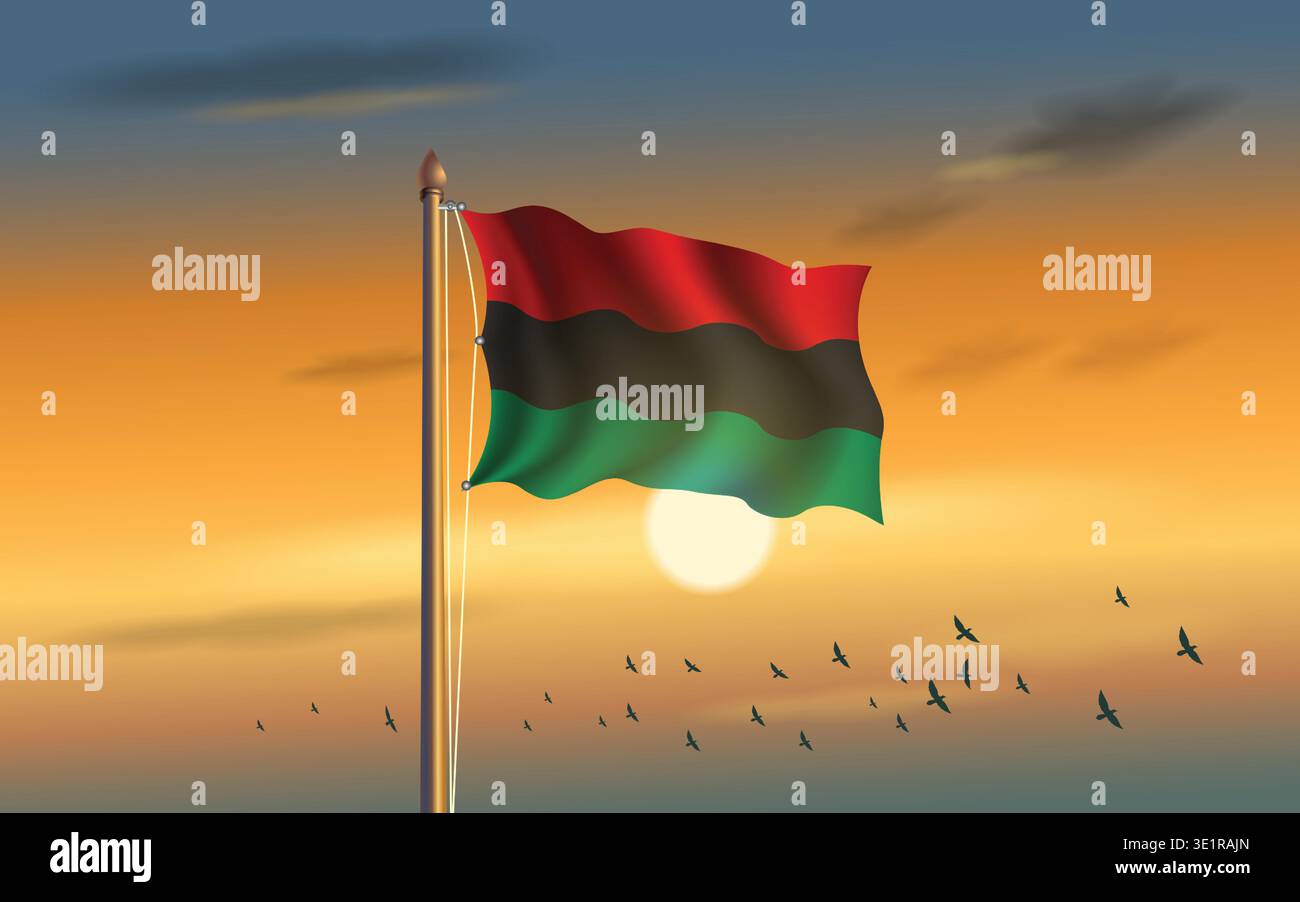 Afroamerikanische Flagge fliegt am Himmel mit Sonnenuntergang Hintergrund Stock Vektor