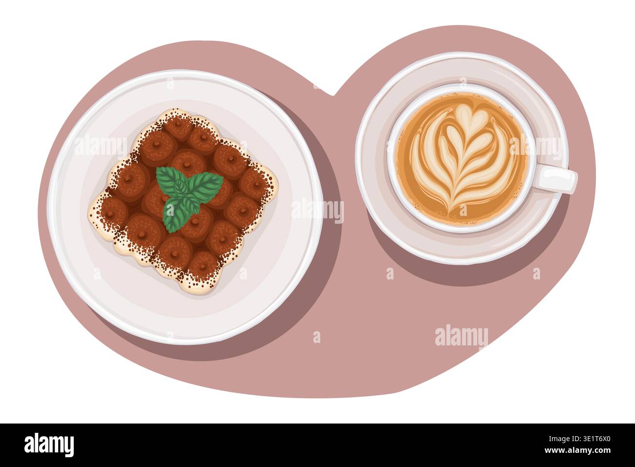 Italienisches Tiramisu und Cappuccino Kaffee von oben Ansicht Vektor Lebensmittel Illustration. Handgezeichnete Komposition mit herzförmigem Hintergrund. Süßes Dessert für Café-Menüs. Perfekt für Restaurantverpackungen. Stock Vektor