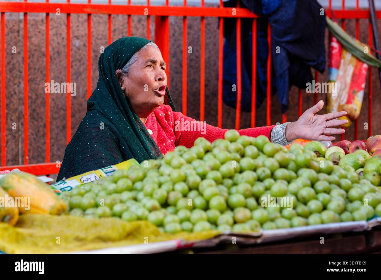 Ein Markthändler in Udaipur gibt Gesten, während er hinter einem großen Haufen grüner Beeren und anderer saisonaler Früchte sitzt. Stockfoto
