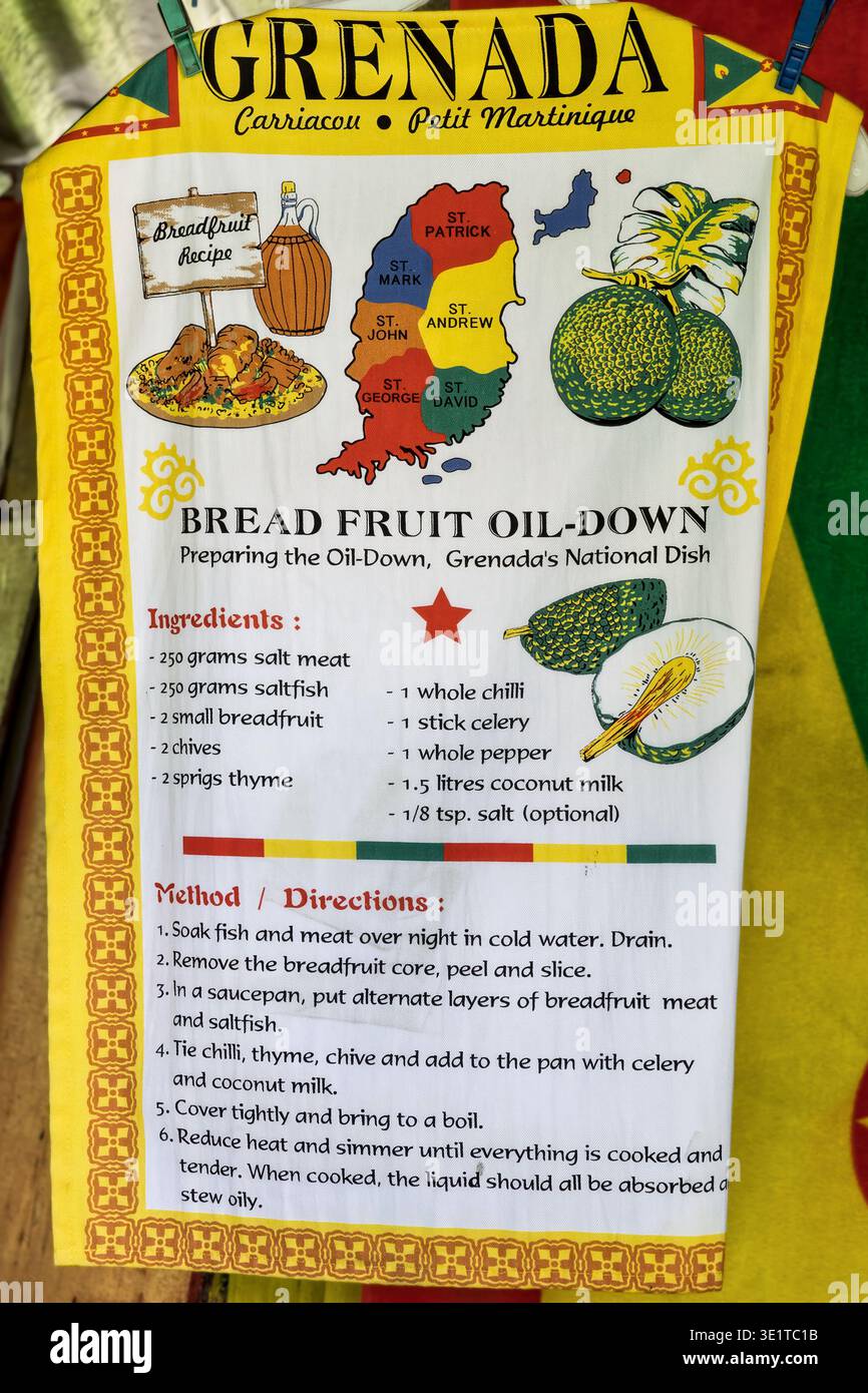 Brot, Fruchtsaft, Grenadas Nationalgericht, Rezept, Gewürzladen, Grenada Stockfoto