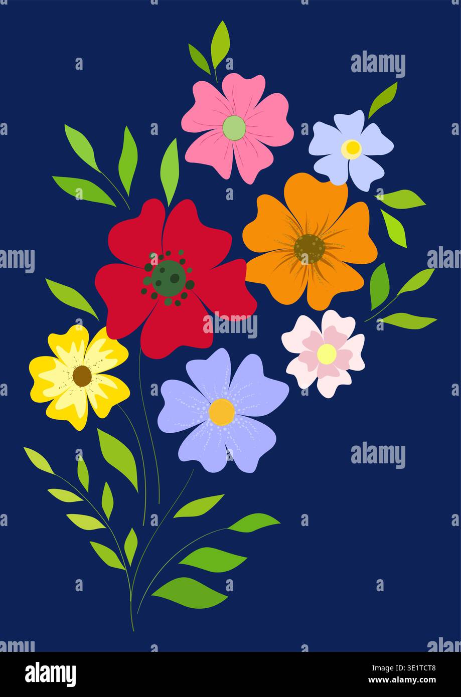 Heller bunter Blumenstrauß auf dunklem Hintergrund Stock Vektor
