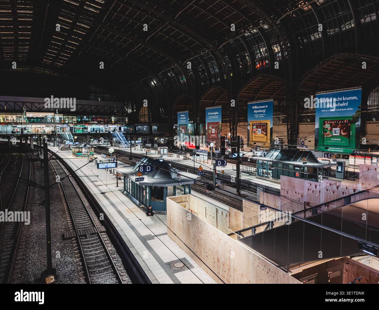 Deutschland, Hamburg: Bahnsteige und Gleisanlagen im Hamburg Hauptbahnhof, große Bahnhofshalle mit Stahlkonstruktion und gewölbtem Dach, nächtliche Stimmung mit künstlicher Beleuchtung, wenig Verkehr, kaum Reisende auf den Bahnsteigen, weitgehend leere Gleise, ruhiger Moment im sonst stark frequentierten Verkehrsknotenpunkt, Farn- und Regionalverkehrsinfrastruktur, zentrale Drehscheibe des Bahnverkehrs im Norden Deutschlands, historische Hallenarchitektur kombiniert mit moderner Technik, klare Linienführung der Gleise als grafisches Element, dokumentarische Stadt Stockfoto
