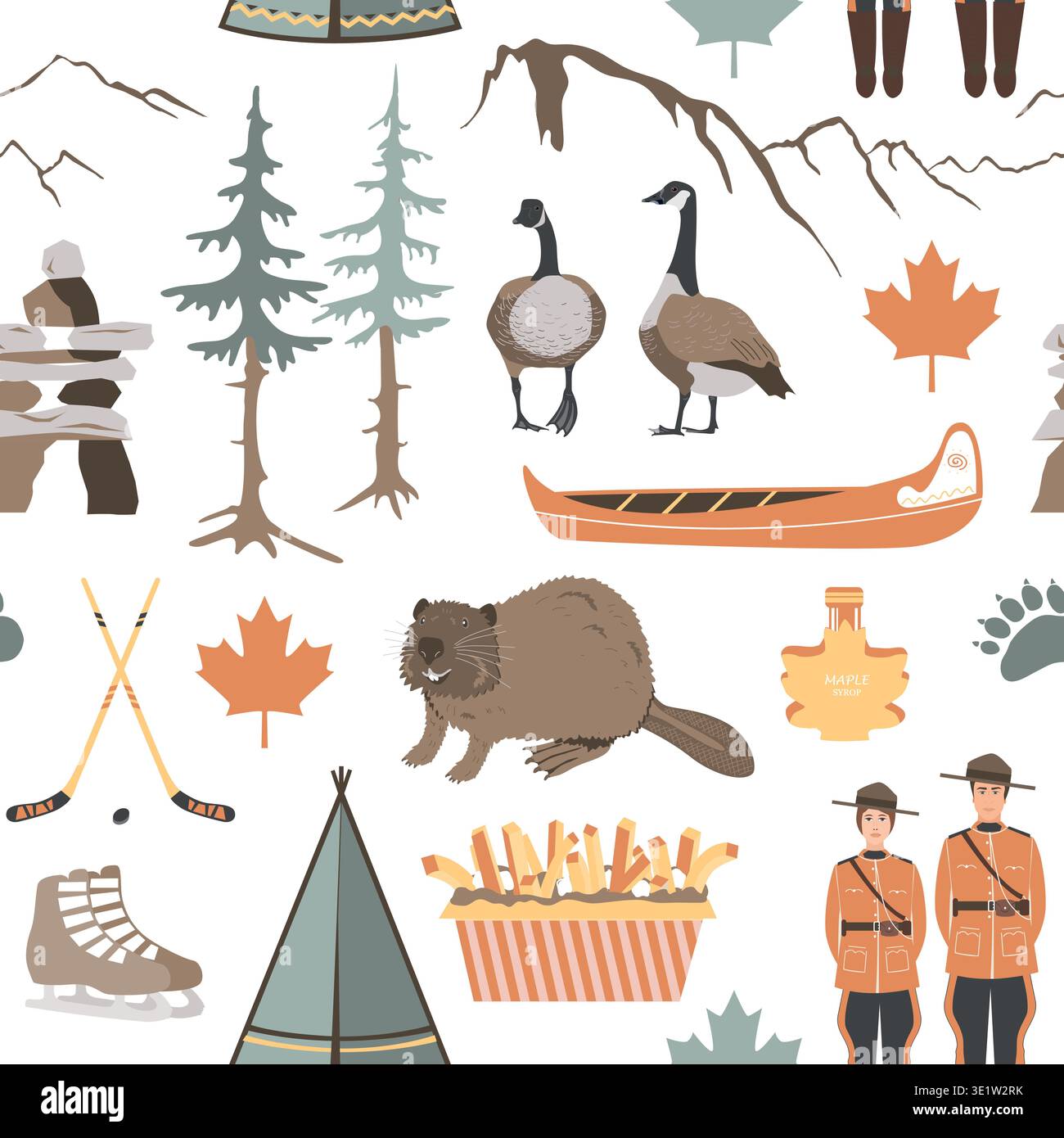 Nahtloses Muster mit kanadischen Symbolen. Biber, Gans, Kanu, Tipi, Hockey, königliche Polizei, Ahornblätter und Berge. Happy National Day of Canada Stock Vektor