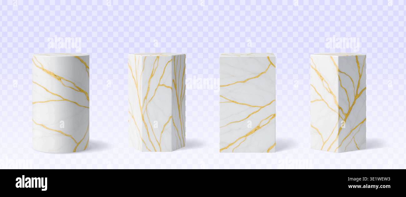 Marmorsäulenpodium Podestgestelle, luxuriöse 3D-Steinständer mit goldenen Adern. Realistische weiße 3D-Vektor-Säule oder Blöcke von Formen wie quadratisch, zylindrisch, hexagonal. Geometrische Säulenplattformen Stock Vektor